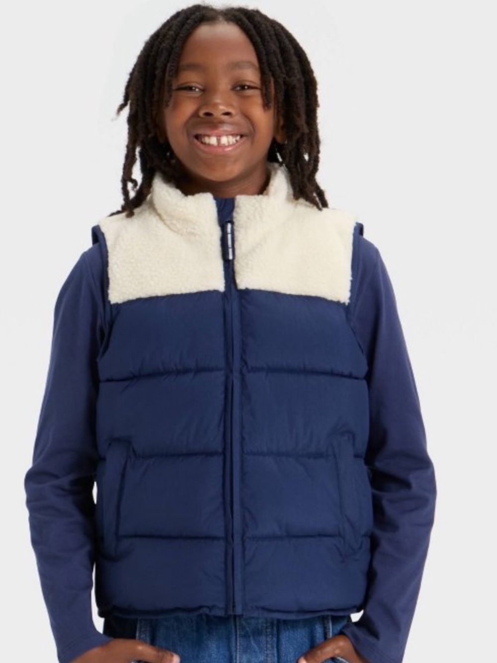 Navy Puffer Vest with Cream Sherpa Yoke
Size 14-16